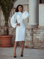 Elegant Beige Midi Dress with Puff Sleeves