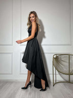 Sparkly Glitter Deep Neckline and Open Back Dress with High-Low Pleated Skirt and Pockets In Black