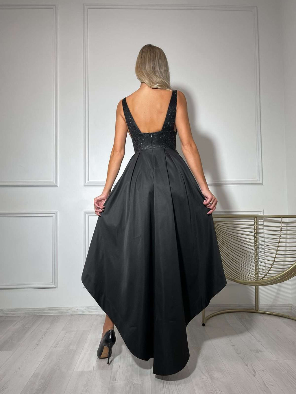 Sparkly Glitter Deep Neckline and Open Back Dress with High-Low Pleated Skirt and Pockets In Black