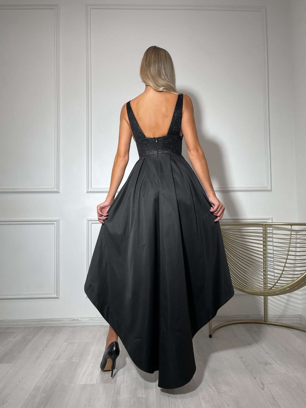 Sparkly Glitter Deep Neckline and Open Back Dress with High-Low Pleated Skirt and Pockets In Black