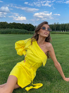 one-shoulder dress with pleated long sleeve