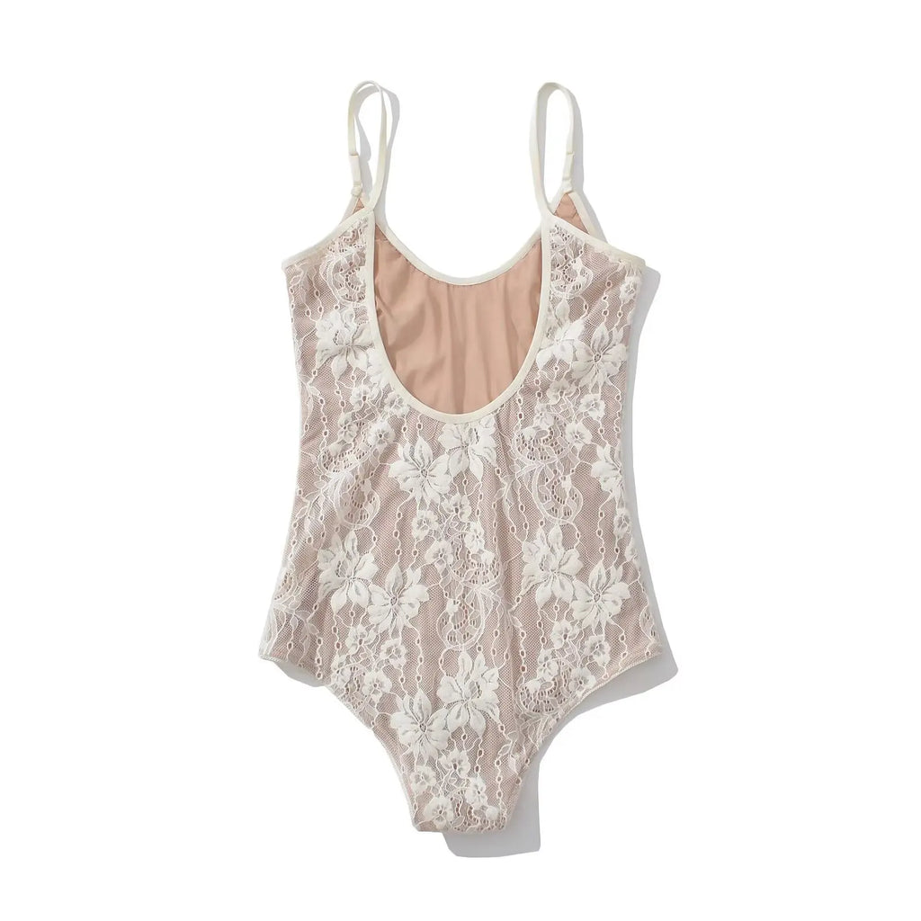 Sexy See Through Lace With Lining Backless Spaghetti Strap Bodysuit