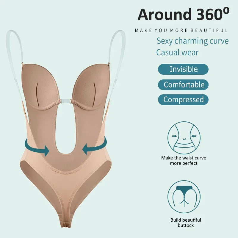 Women Full Body Shaper Bra Backless Bodysuit Thong Invisible Shapers