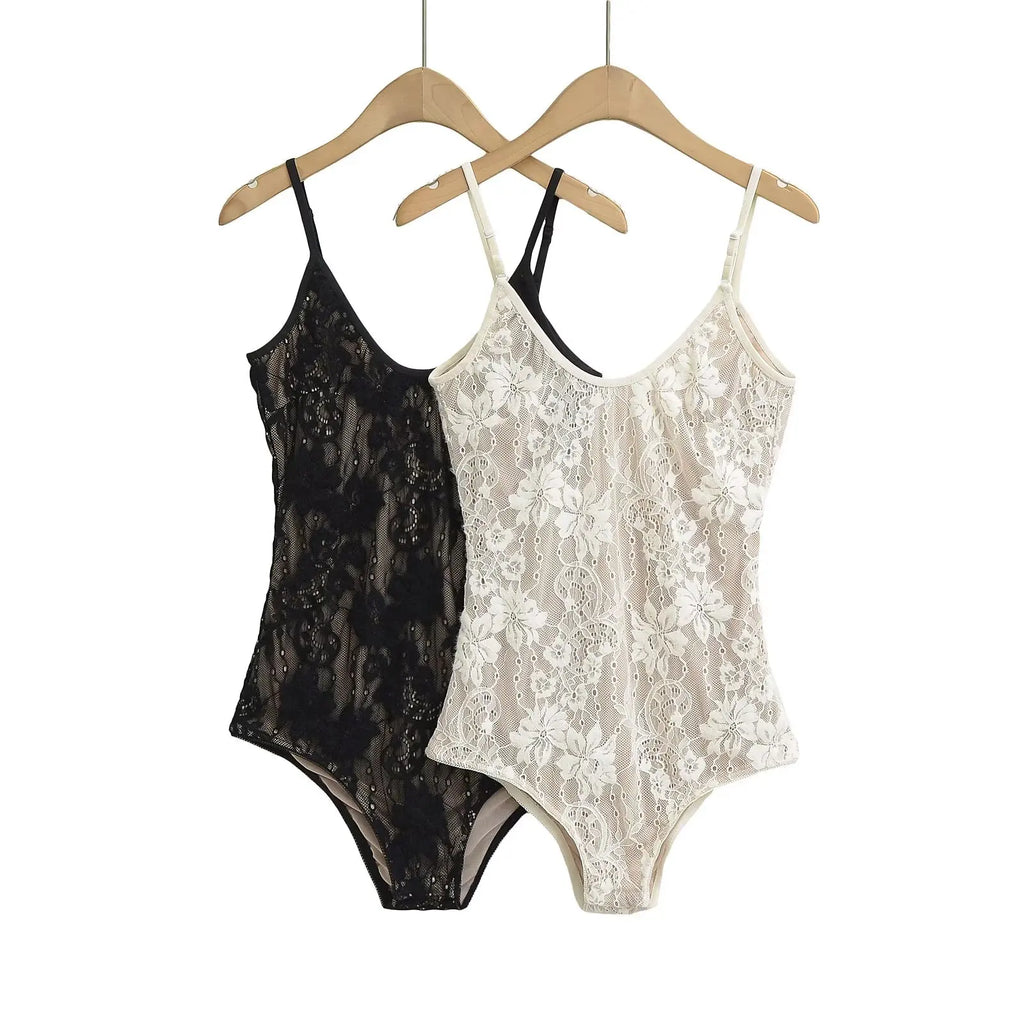 Sexy See Through Lace With Lining Backless Spaghetti Strap Bodysuit