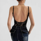 Sexy See Through Lace With Lining Backless Spaghetti Strap Bodysuit