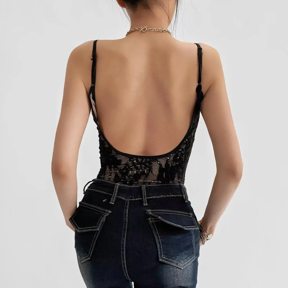 Sexy See Through Lace With Lining Backless Spaghetti Strap Bodysuit